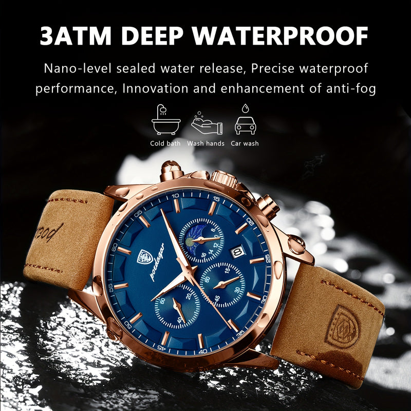 POEDAGAR Leather Luminous Chronograph Watch