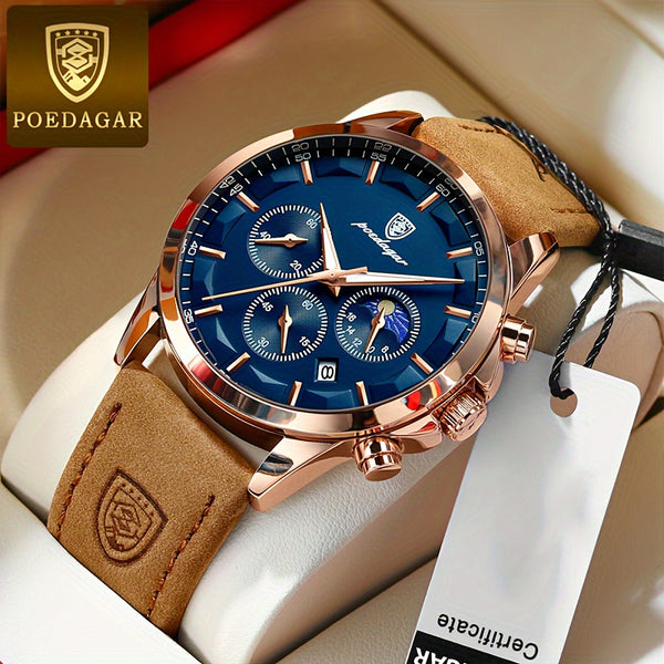 POEDAGAR Leather Luminous Chronograph Watch