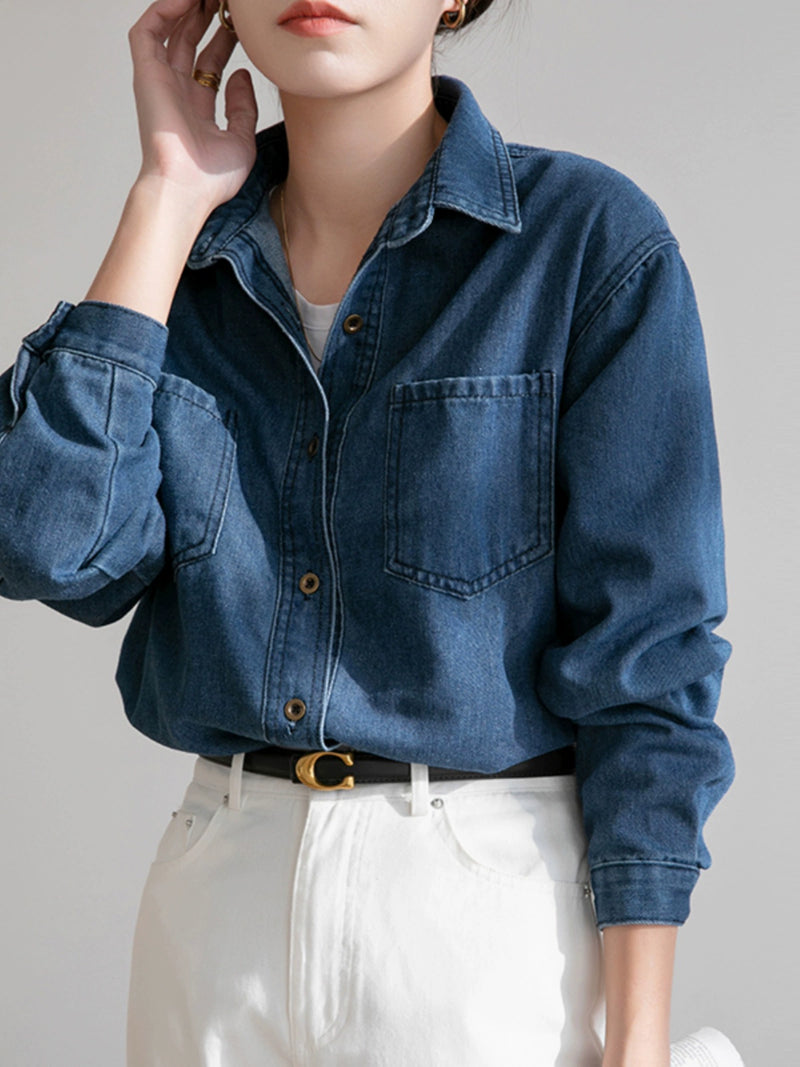 Chic Blue Mid Length Long Length Loose Denim Coat Shirt - Thal Lifestyle