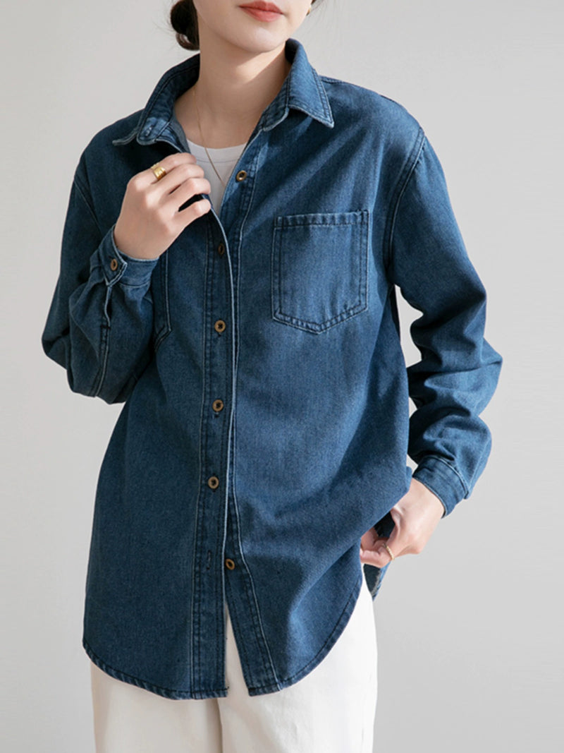 Chic Blue Mid Length Long Length Loose Denim Coat Shirt - Thal Lifestyle