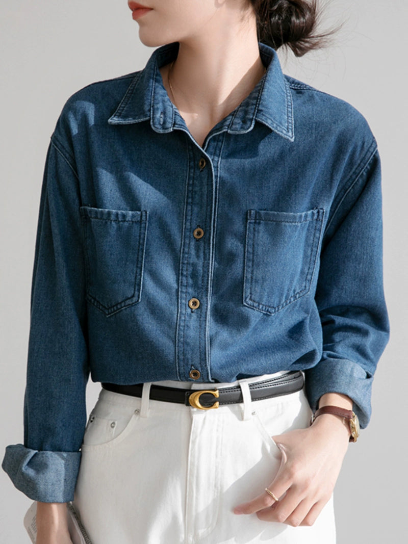 Chic Blue Mid Length Long Length Loose Denim Coat Shirt - Thal Lifestyle