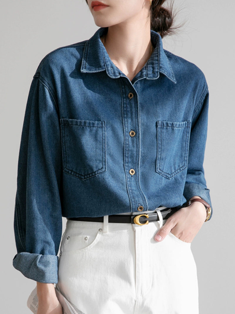 Chic Blue Mid Length Long Length Loose Denim Coat Shirt - Thal Lifestyle