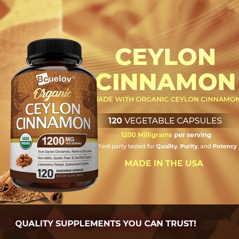 Natural Ceylon Cinnamon Capsules - Aids in Joints, Bones, Anti-Inflammation, Antioxidant, Glucose Metabolism, Blood Sugar Levels