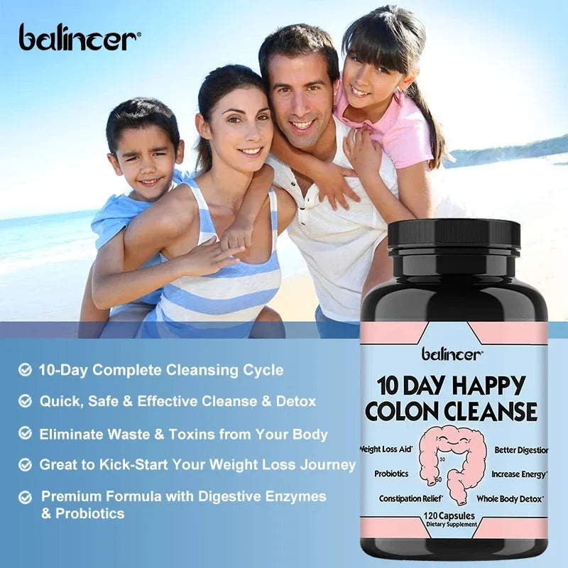 10 Days of Happy Colon Cleanse Digestive - Daily Detoxification, Constipation Relief - 120 Capsules