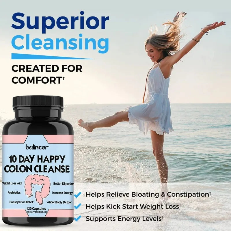 10 Days of Happy Colon Cleanse Digestive - Daily Detoxification, Constipation Relief - 120 Capsules