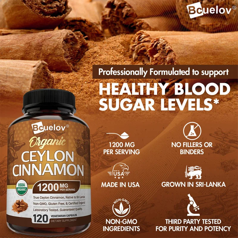 Natural Ceylon Cinnamon Capsules - Aids in Joints, Bones, Anti-Inflammation, Antioxidant, Glucose Metabolism, Blood Sugar Levels