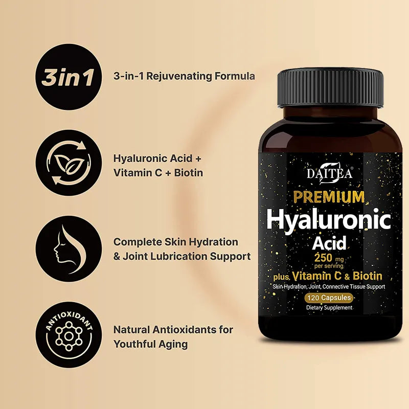 Hyaluronic Acid Dietary Supplement With Vitamin C and Biotin for Skin Hydration and Joint Support