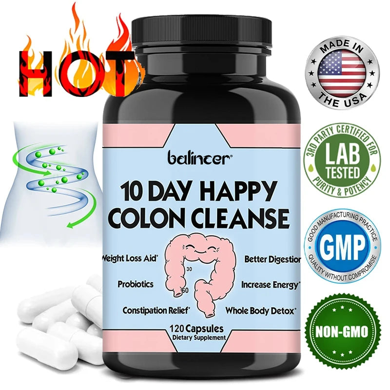 10 Days of Happy Colon Cleanse Digestive - Daily Detoxification, Constipation Relief - 120 Capsules