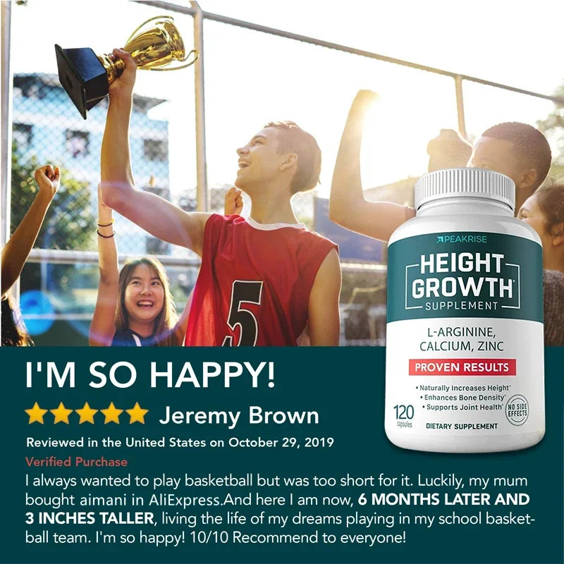 Height Growth Dietary Supplement - Vitamin D3, L-Arginine, Calcium, Zinc Promotes Bone Growth in Adults and Children