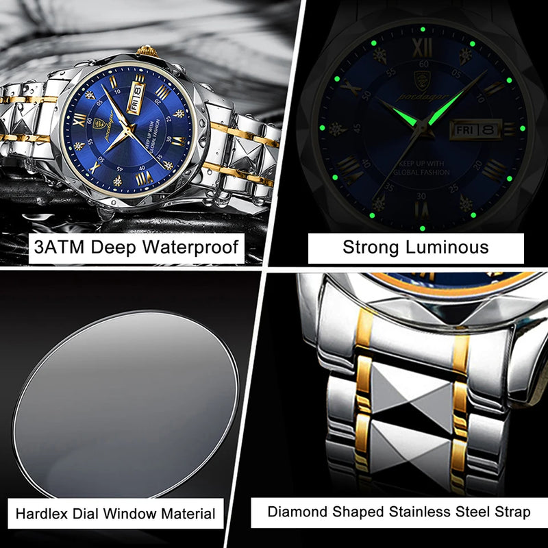 POEDAGAR Man Quartz Wristwatch Luminous Date Stainless Steel