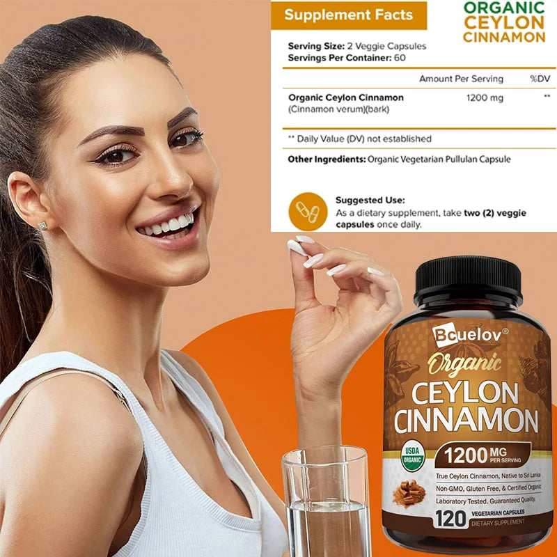 Natural Ceylon Cinnamon Capsules - Aids in Joints, Bones, Anti-Inflammation, Antioxidant, Glucose Metabolism, Blood Sugar Levels