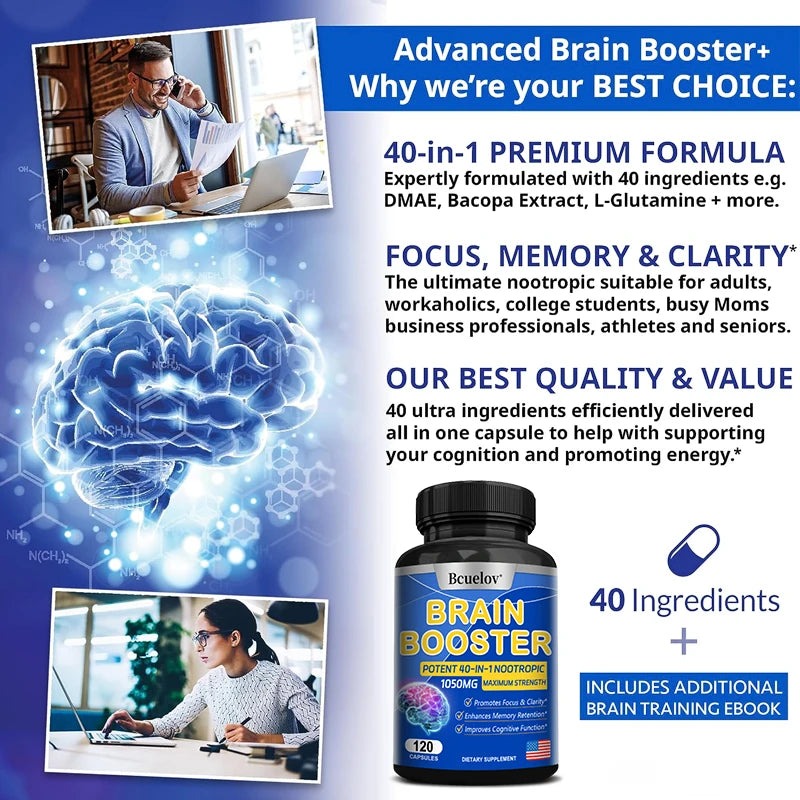 Multivitamin Brain Booster Supplement - Promotes Healthy Brain Development, Improves Memory, Concentration and Learning Abilities