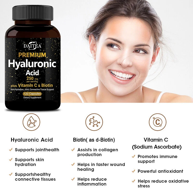 Hyaluronic Acid Dietary Supplement With Vitamin C and Biotin for Skin Hydration and Joint Support