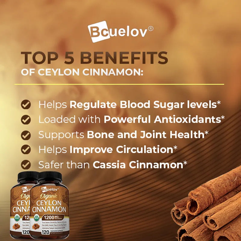 Natural Ceylon Cinnamon Capsules - Aids in Joints, Bones, Anti-Inflammation, Antioxidant, Glucose Metabolism, Blood Sugar Levels