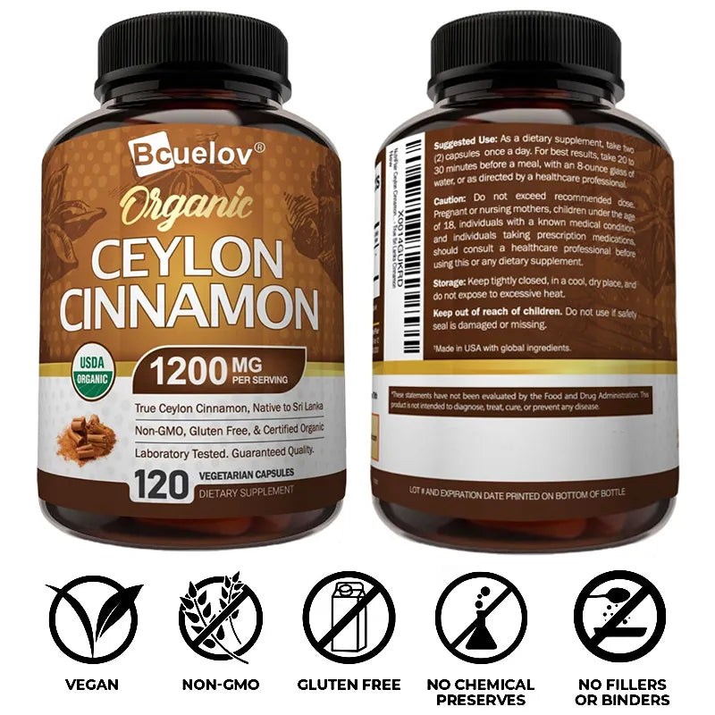 Natural Ceylon Cinnamon Capsules - Aids in Joints, Bones, Anti-Inflammation, Antioxidant, Glucose Metabolism, Blood Sugar Levels