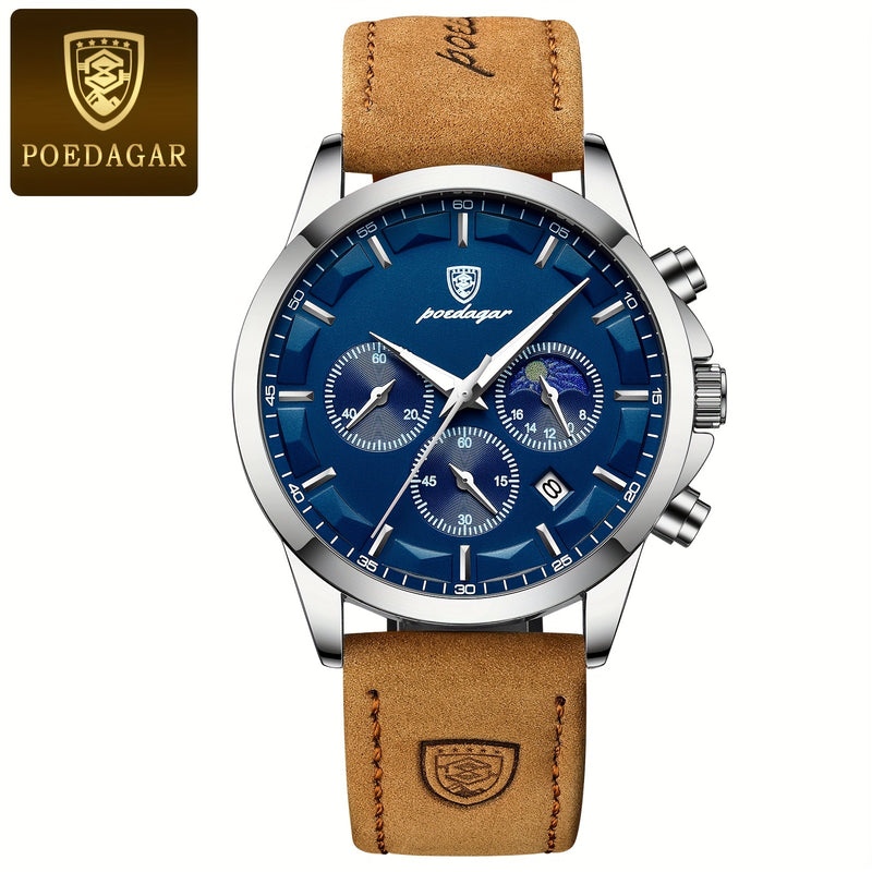 POEDAGAR Leather Luminous Chronograph Watch